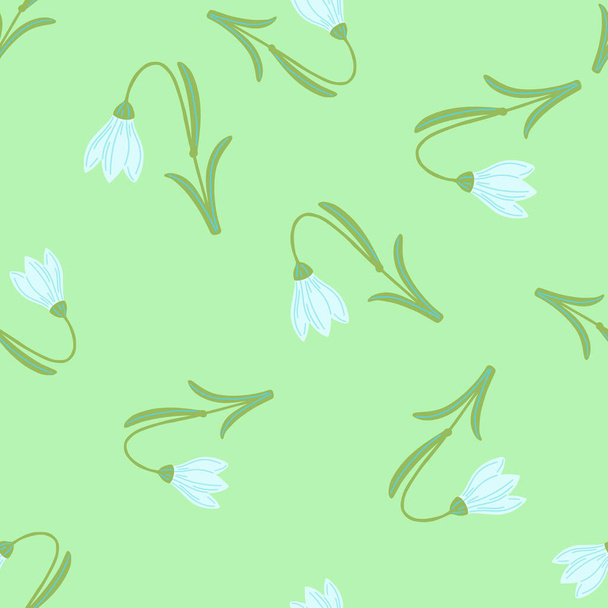 Világoszöld színű véletlenszerű harebell virágok formák. Zökkenőmentes minta firka kézzel rajzolt stiláris. Lapos vektor lenyomat textilhez, szövethez, ajándékpapírhoz, tapétához. Végtelen illusztráció. - Vektor, kép