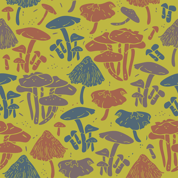 Vector seamless pattern with mushrooms on yellow green background. Motley design - Vektori, kuva