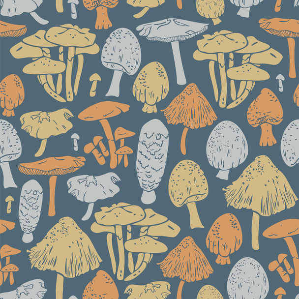 Vector seamless pattern with silhouettes of various mushrooms. Natural colours mushrooms on neutral background. - Διάνυσμα, εικόνα