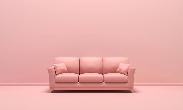 Single geïsoleerde bank, zetel, sofabed in platte monochrome roze kleur achtergrond, single color samenstelling, 3d Rendering voor webpagina, presentatie en fotolijst achtergronden. - Foto, afbeelding