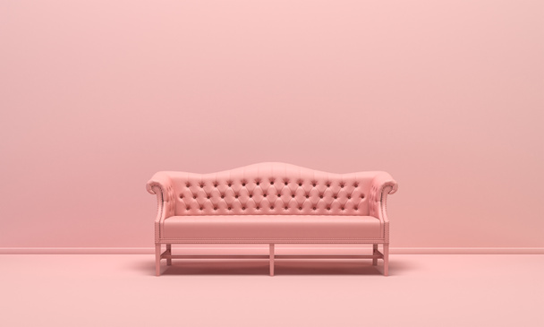 Sofá vintage aislado único en fondo de color rosa monocromo plano, composición de un solo color, representación 3d para página web, presentación y fondos de marco de imagen. - Foto, imagen