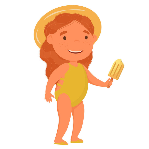 Red-haired girl in a hat and a swimsuit eats a popsicle on a stick. Summer illustration on the beach isolated on white background. Vector illustration of a cute little girl feeling happy with her ice cream. - Vector, Image