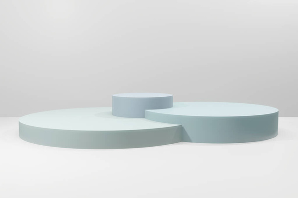 Abstraktní minimální scéna s geometrickými tvary. Kulatá pódia v měkkých modrých barvách. Falešná scéna pro ukázání produktů. Představení, obchod, vitrína. 3D vykreslování - Fotografie, Obrázek