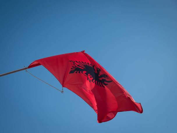 Albánská vlajka vlající na tyči s modrým pozadím - Fotografie, Obrázek