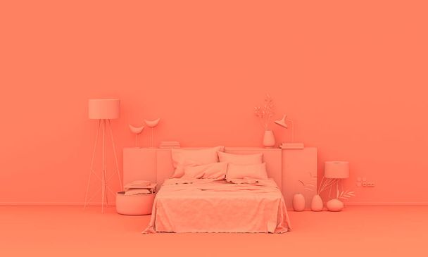 Stanza interna in tinta unita monocromatica arancio rosato con mobili e complementi d'arredo. Sfondo chiaro con spazio di copia. Rendering 3D per pagine web, presentazioni o sfondi per cornici. - Foto, immagini