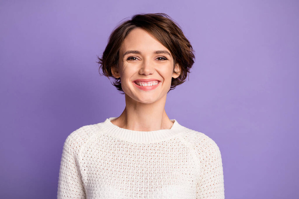 Photo of satisfied person toothy smile nice hairdo wear sweater isolated on pastel violet color background - Photo, Image