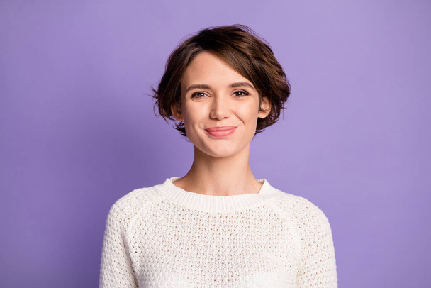 Portrait of adorable person nice hairstyle wear white pullover isolated on pastel purple color background - Foto, Imagen