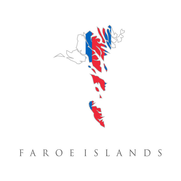 Kartenumriss und Flagge der Färöer-Inseln, ein blaues, rotes nordisches Kreuz auf weißem Feld. Karte der Färöer-Inseln mit Regionen Staaten der Färöer-Inseln. Karte der Färöer Inseln isoliert auf weißem Hintergrund - Vektor, Bild