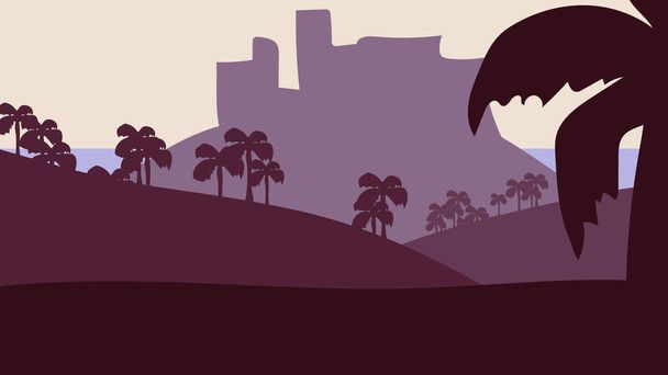 Красивый минималистский абстрактный тропический пейзаж. Африканский каньон и горные луга с пальмами. Летний пустынный фон для презентации, баннер, рабочий стол. Простая плоская иллюстрация для печати - Вектор,изображение