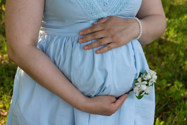 έγκυος γυναίκα με μια μεγάλη κοιλιά σε ένα μπλε φόρεμα με ένα κλαδί μηλιάς στον καθαρό αέρα. Υγιής εγκυμοσύνη και ευτυχισμένες στιγμές. - Φωτογραφία, εικόνα