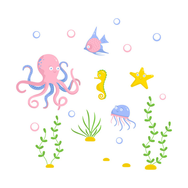 color exotic sea inhabitants characters. fairy fun marine life. smile emotion fish and wild marine animals in ocean. underwater coral reef dwellers, undersea fauna. flat cartoon on white background - Vettoriali, immagini