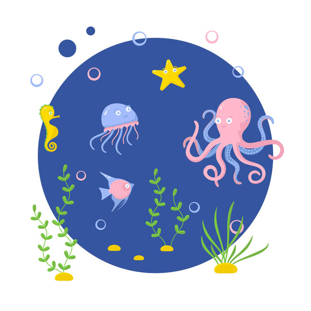 exotic sea inhabitants characters. fairy fun marine life. smile emotion fish and wild marine animals in ocean. underwater coral reef dwellers, undersea fauna. flat colorful cartoon on blue background - Vector, Image