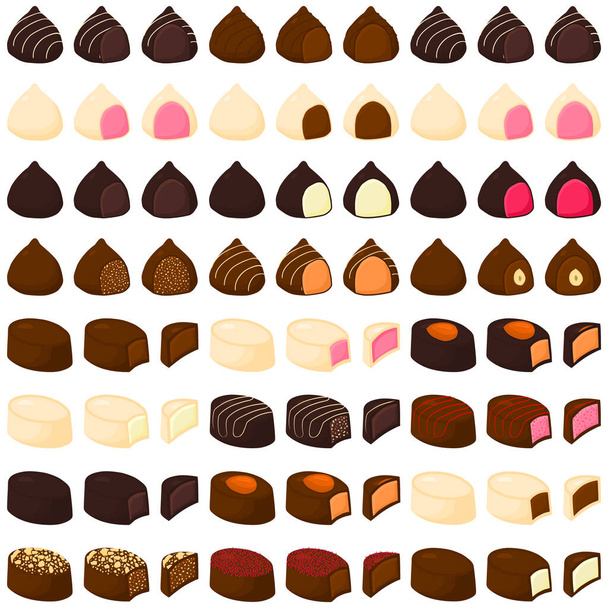 Ilustracja na temat piękny duży zestaw słodkich czekoladowych cukierków bonbon. Cukierkowa bonbona składająca się z czarnej słodkiej czekolady pokrytej proszkiem glazury. Zestaw czekoladowy cukierki w różnej formie, smaczny słodki bonbon. - Wektor, obraz