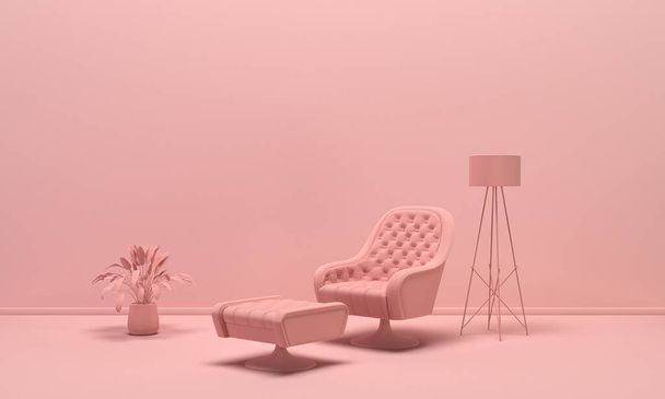 L'interno della stanza in tinta unita monocromatica rosa chiaro con mobili e complementi d'arredo. Sfondo chiaro con spazio di copia. Rendering 3D per pagine web, presentazioni o sfondi per cornici. - Foto, immagini
