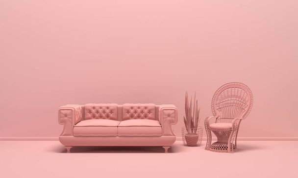 Interno della stanza in tinta unita monocromatica rosa chiaro con mobili e complementi d'arredo. Sfondo chiaro con spazio di copia. Rendering 3D per pagine web, presentazioni o sfondi per cornici. - Foto, immagini