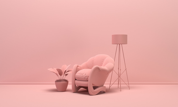 Habitación interior en color rosa claro monocromo liso con una sola silla, lámpara de pie y jarrón decorativo y planta. Fondo ligero con espacio de copia. Renderizado 3D para páginas web, presentaciones o fondos de marcos de imágenes. - Foto, Imagen