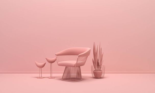 Interior room in plain monochrome light pink color with single chair, decorative vase plant and bird figures. Light background with copy space. 3D rendering for web page, presentation or picture frame backgrounds. - Foto, Imagem
