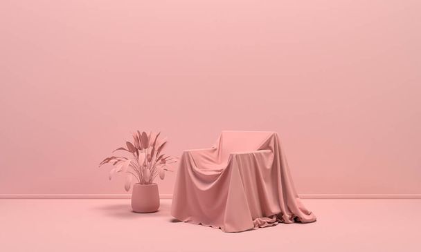 Звичайна монохромна світло-рожева кольорова кімната з одним стільцем, покритим тканиною, декоративною вазою та рослиною. Світлий фон з копіювальним простором. 3D візуалізація для веб-сторінки, презентації або фону рамки зображень
. - Фото, зображення