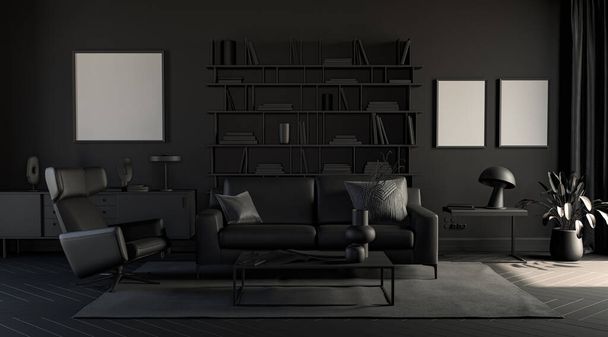 Dunkler Raum mit Bilderrahmen in einfachen monochromen Grautönen mit Sofa, Stuhl, Bücherregal auf einem Teppich. Schwarzer Hintergrund. 3D-Rendering, Plakathintergrund. - Foto, Bild