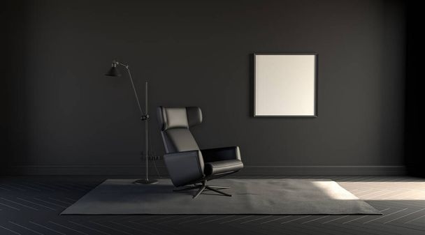 marcos de póster y un sofá individual en una habitación tenue y sombría con una alfombra. Fondo negro. Representación 3D para marcos de póster. - Foto, Imagen