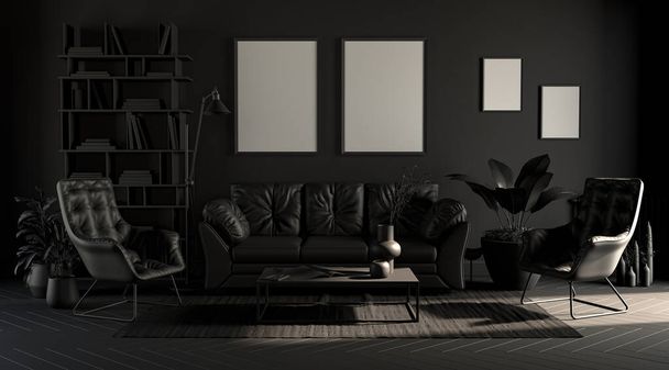 Sötét szoba képkeretekkel, egyszerű monokróm szürke árnyalatokkal, kanapéval, székkel, szőnyeggel. Fekete háttér. 3D renderelés, poszter háttér. - Fotó, kép
