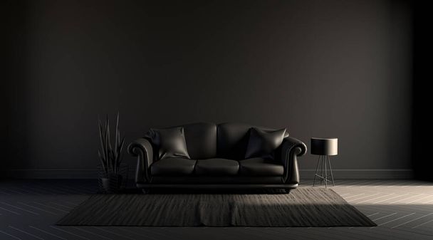 Σκούρο δωμάτιο, αφίσα φόντο με άδειο τοίχο, καναπέ, καρέκλα, φυτό, χαλί και κουρτίνα σε μονόχρωμο μαύρο χρώμα, 3D απόδοση για κορνίζες εικόνας. - Φωτογραφία, εικόνα