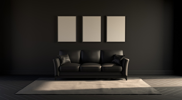 Ciemny pokój w prostych monochromatycznych odcieniach szarości z sofą, krzesłem, roślinami i lampą podłogową na dywanie. Czarne tło z solidnymi, płaskimi kolorami. Rendering 3D dla ramek plakatowych. - Zdjęcie, obraz