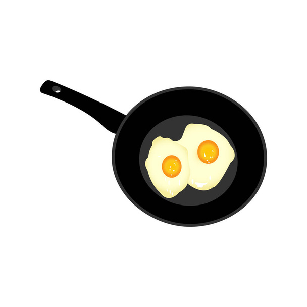 Scrambled eggs from two eggs in a round frying pan on a white background. Vector image. - Vector, Image
