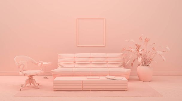 picture frame mock-up room in monochrome pinkish orange color with furnitures and room accessories  for web page, presentation or picture frame backgrounds, 3D rendering, light and flat colors - Photo, Image