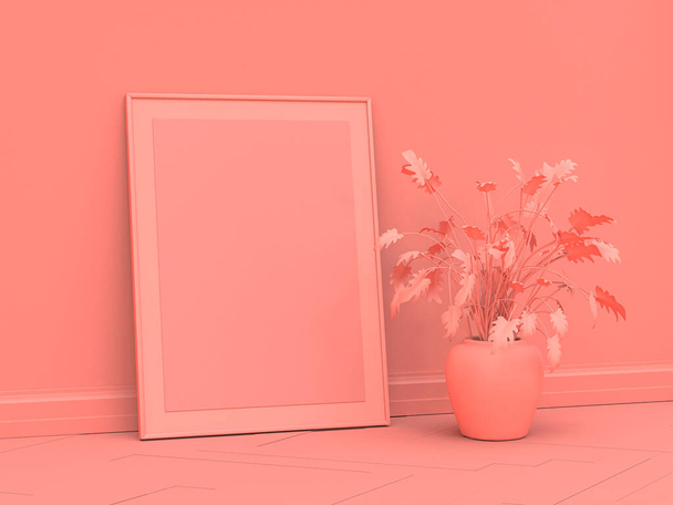 Plano de un solo color Vista lateral de marco de póster vertical en el suelo en una habitación de color rosa monocromo, 3d Rendering, maqueta de póster - Foto, Imagen