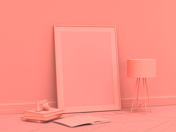 Vertical poster frame on the floor in a monochrome pink room with floor lamp, 3d Rendering, side view - Photo, Image