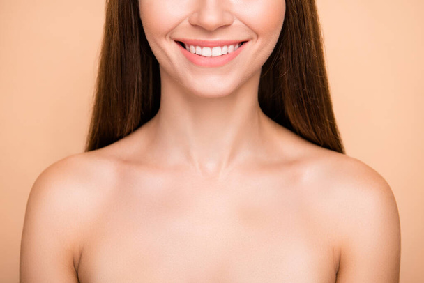 Cropped photo of young attractive girl happy positive toothy smile oral care dentistry isolated over beige color background - Foto, immagini