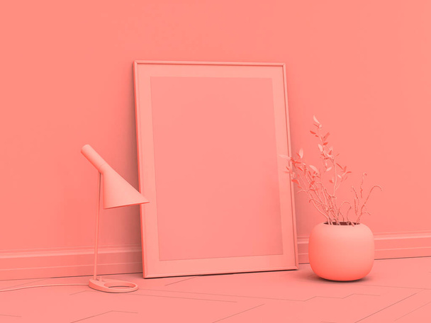 Quadro de cartaz vertical no chão em uma sala monocromática rosa com lâmpada de assoalho, 3D Rendering, vista lateral - Foto, Imagem