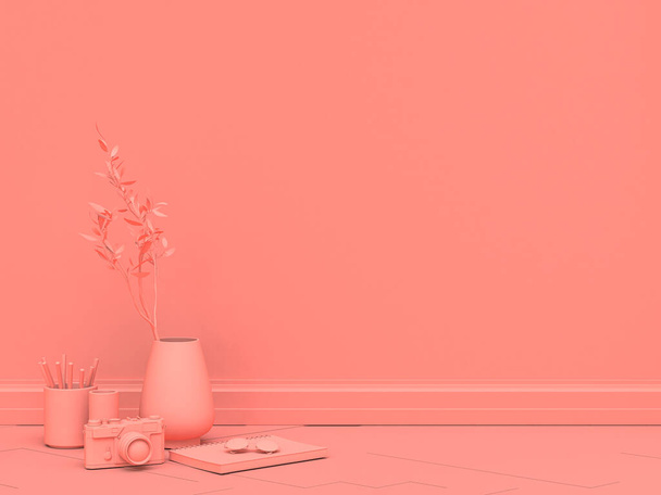 Leere rosafarbene Wand mit Vase, Notizbuch und Halter auf Parkettboden in einfarbigem, flachem, durchgehend monochromrosa Raum, 3D-Rendering, Bilderrahmen-Attrappe - Foto, Bild