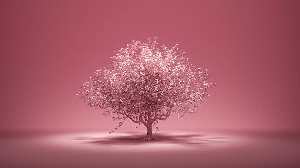 Großer einzelner Baum mit Blatt in einfarbigem, einfarbigem Hintergrund, 3D-Darstellung - Foto, Bild