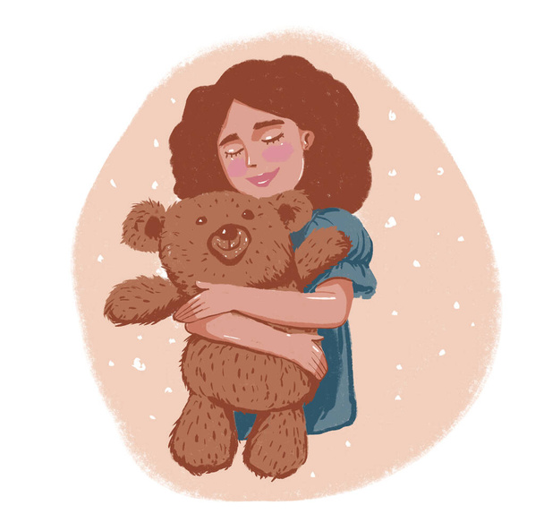 Nettes Mädchen mit dunklen Haaren, das ein Bärenspielzeug umarmt. Teenagermädchen, jung mit Teddybär, mit geschlossenen Augen und einem Lächeln im Gesicht - Foto, Bild