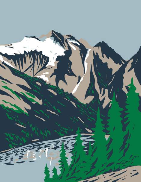 WPAポスターワシントンの北カスケード国立公園にあるカスケード山脈のマウント勝利の頂上の芸術作品プロジェクト管理スタイルまたは連邦アートプロジェクトスタイルで行われた. - ベクター画像