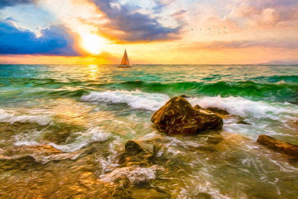 Żaglówka jest żeglarstwo wzdłuż Oceanu Przeciw kolorowym oceanie Zachód słońca niebo w ilustracji Malarstwo Format - Zdjęcie, obraz