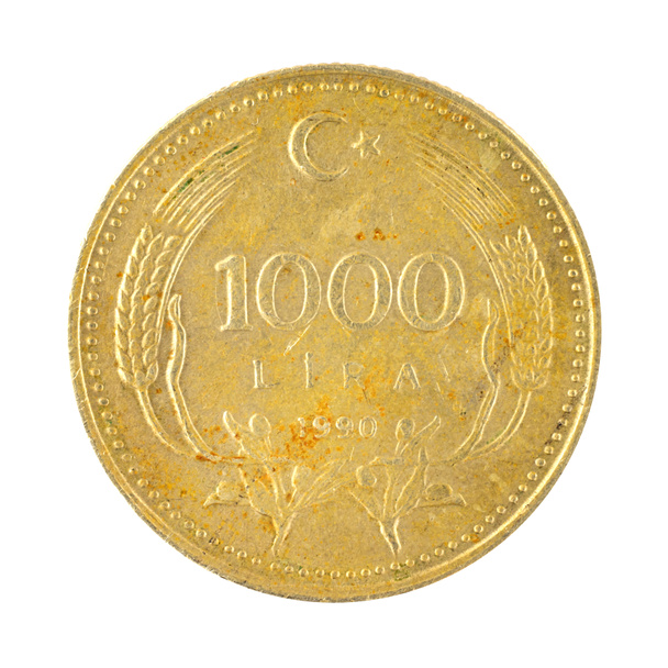 Stare i zardzewiałe monety 1000 Lira, Turcja pieniądze izolowane na białym tle zdjęcie - Zdjęcie, obraz