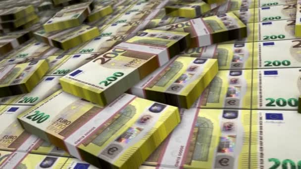 Euro banknote bundle loop. 200 EUR money stacks. Concept of crisis, banking, business, success, economy, bank, debt and finance in Europe. Camera over cash packs. Loopable seamless 3d animation. - Footage, Video