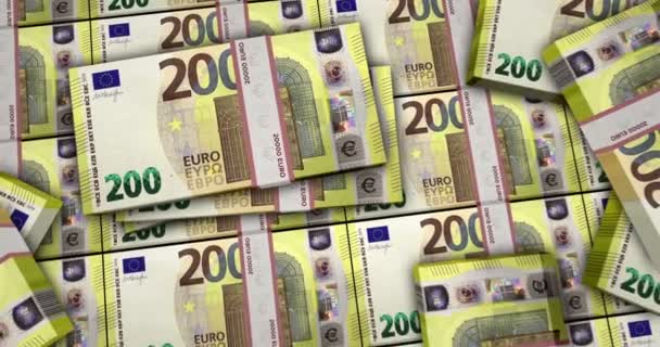 Banconote in euro animazione 3d. Vista della fotocamera da vicino a lunga distanza. 200 confezioni di denaro euro. Concetto di inflazione, economia, crisi, affari, successo, banche, debito e finanza nell'Unione europea. - Filmati, video