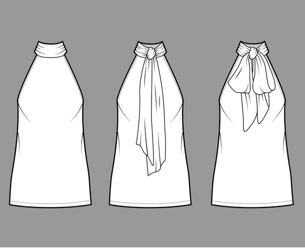 Šaty krku luk technické módní ilustrace s vysokým výstřihem ohlávky, bez rukávů, nadrozměrné tělo, mini délka sukně - Vektor, obrázek