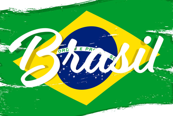 Brazil flag, banner with grunge brush. Brasil Independence Day. Background with national country symbol. - Vektör, Görsel