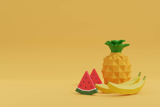 3D render fruits on soft color background.Yellow. - Foto, afbeelding