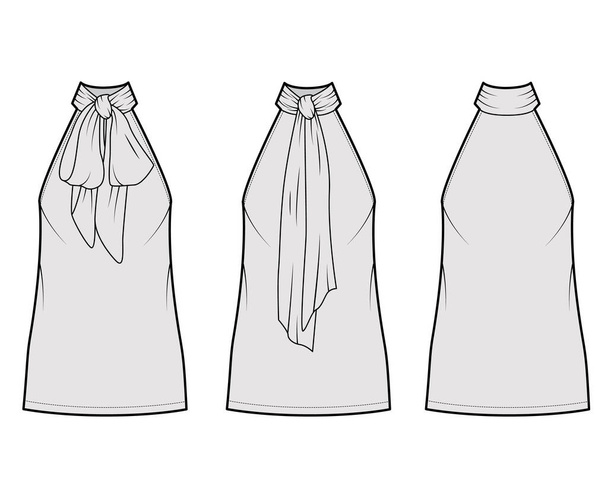 Dress neck bow technical fashion illustration with high halter neckline, sleeveless, oversized body, mini length skirt - Vector, Image