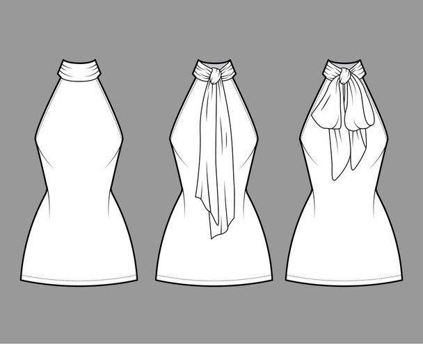 Vestido pescoço arco técnico moda ilustração com decote halter alta, sem mangas, corpo equipado, mini saia de comprimento - Vetor, Imagem