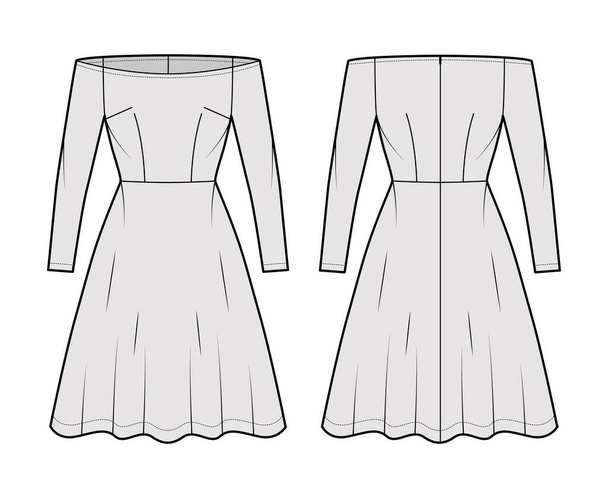 Vestido fuera de hombro Bardot ilustración técnica de moda con mangas largas, cuerpo ajustado, longitud de rodilla falda semicircular - Vector, imagen