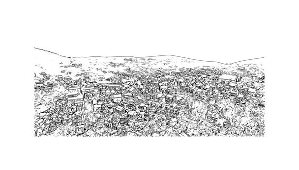 Imprimir Vista del edificio con hito de Fianarantsoa es una ciudad en el centro sur de Madagascar. Dibujo dibujado a mano ilustración en vector. - Vector, imagen