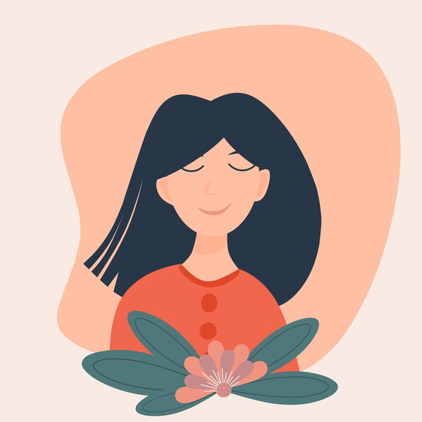 Flat Ilustration character of girl smile with closed eyes background. Mindfulness vector Ilustration. - Vector, Image