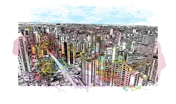 Pohled na budovu s orientačním bodem Belo Horizonte je hlavním městem jihovýchodní Brazílie. Akvarelové stříknutí s ručně kresleným náčrtem ilustrace ve vektoru. - Vektor, obrázek